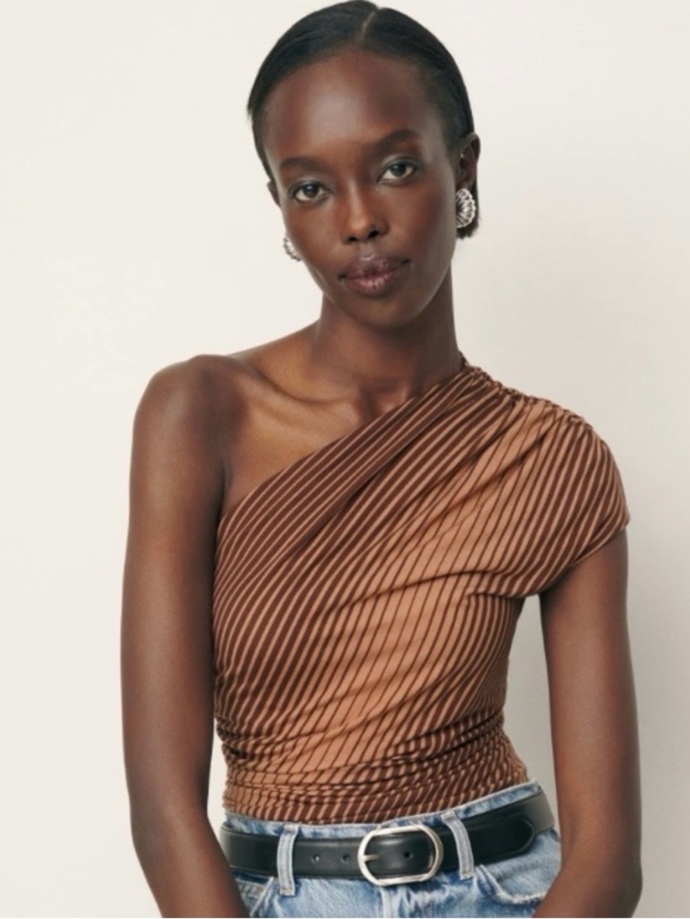 Reformation Brown Striped One-Shoulder Top